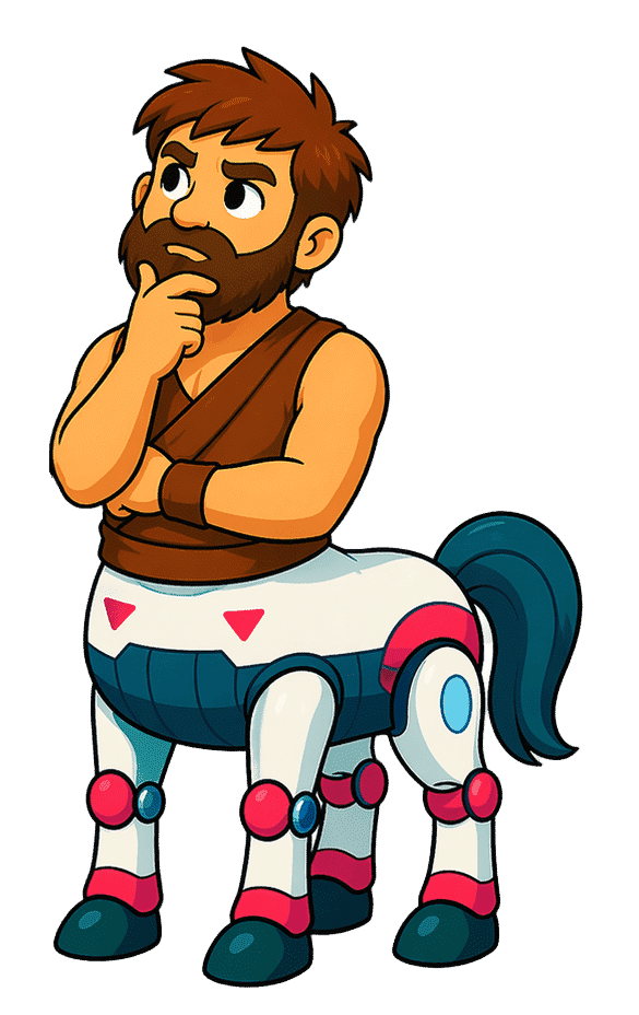 Illustration of a centaur: human above the waist, robot horse below, thinking