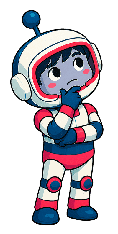 Illustration of a child in a spacesuit and helmet, thinking