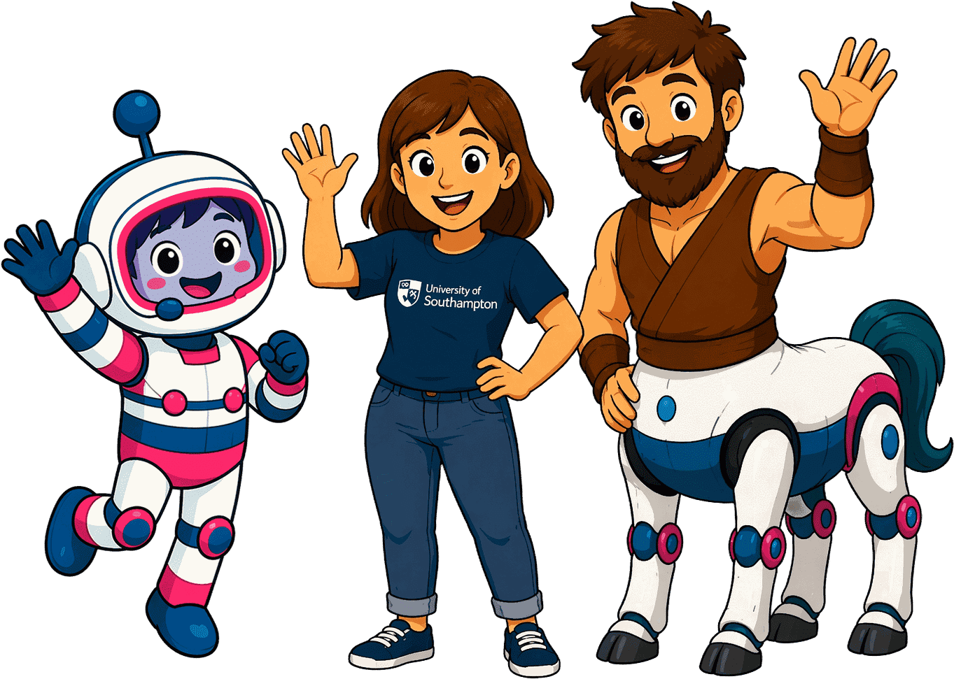 Cyborg Challenge characters: a robot in a spacesuit, a student in a University of Southampton t-shirt, and a half-human half-robot centaur